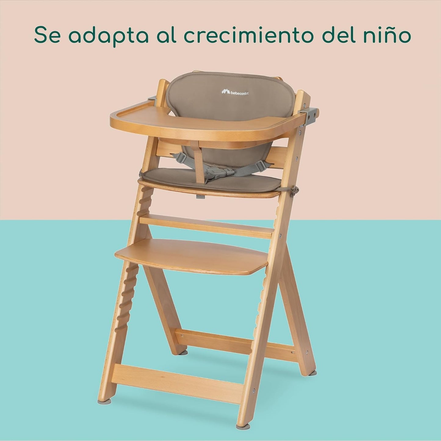 Bebeconfort Timba Trona Evolutiva de Madera, con Cojín y Bandeja, de 6 Meses a 99 Años, Natural + Beige