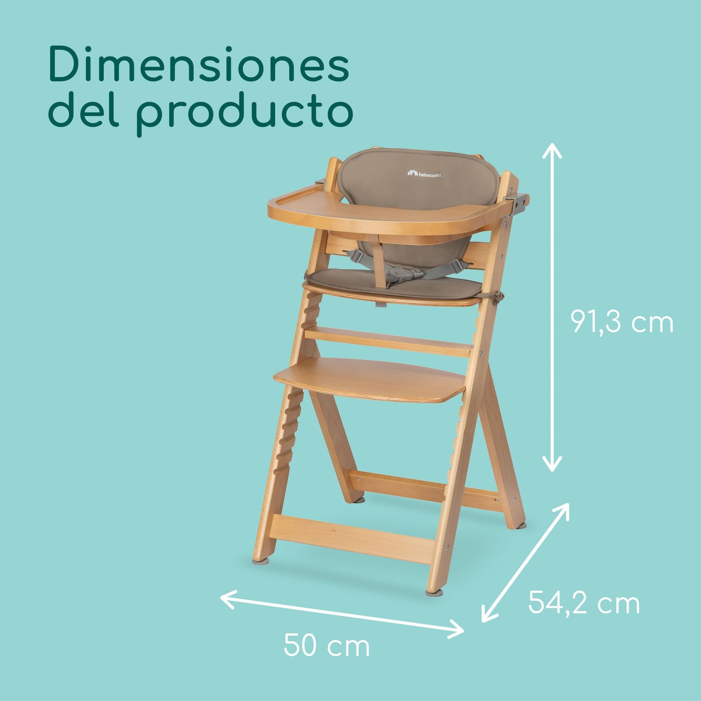 Bebeconfort Timba Trona Evolutiva de Madera, con Cojín y Bandeja, de 6 Meses a 99 Años, Natural + Beige