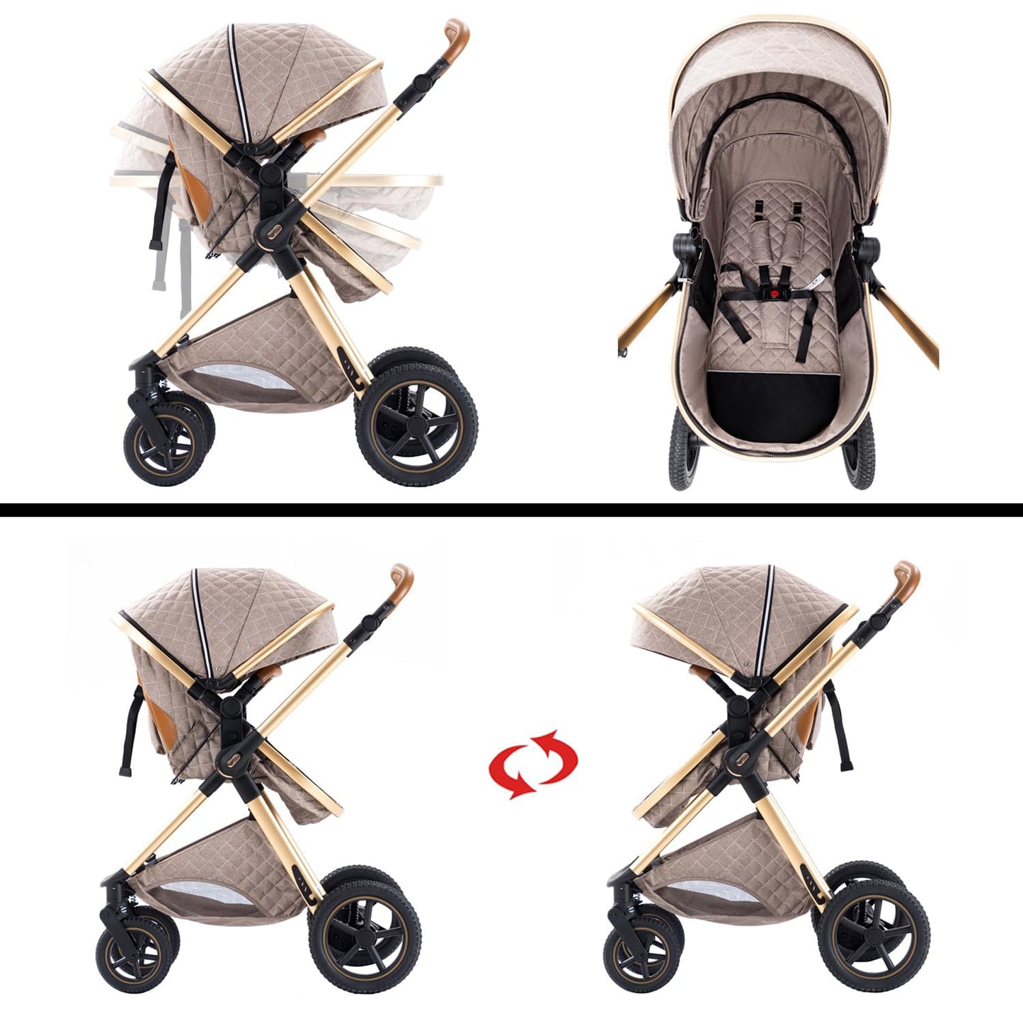 BEBBY H2 Cochecito 3 en 1, Plegable con 1 Clic, Asiento Alto, para Recién Nacido, Blanco Arroz
