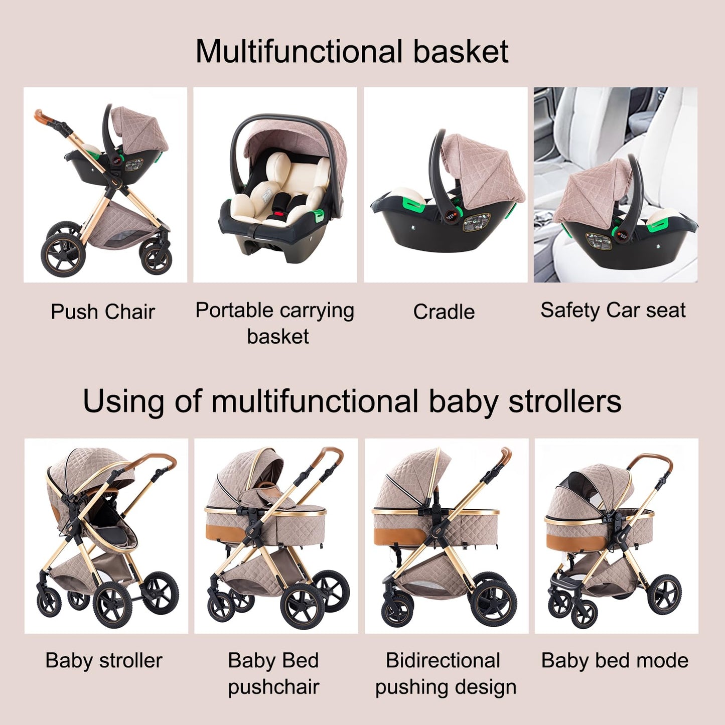 BEBBY H2 Cochecito 3 en 1, Plegable con 1 Clic, Asiento Alto, para Recién Nacido, Blanco Arroz