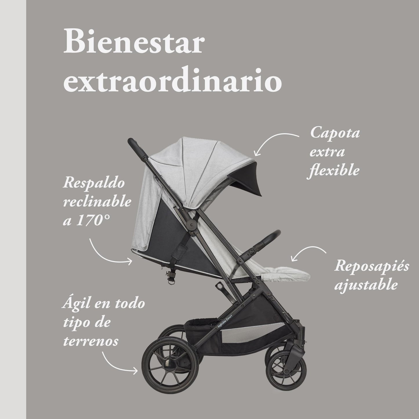 Inglesina Zenit Cochecito Compacto con Ruedas Grandes, hasta 22 kg, Gris