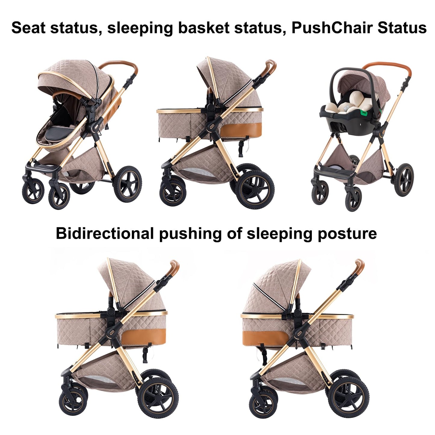 BEBBY H2 Cochecito 3 en 1, Plegable con 1 Clic, Asiento Alto, para Recién Nacido, Blanco Arroz