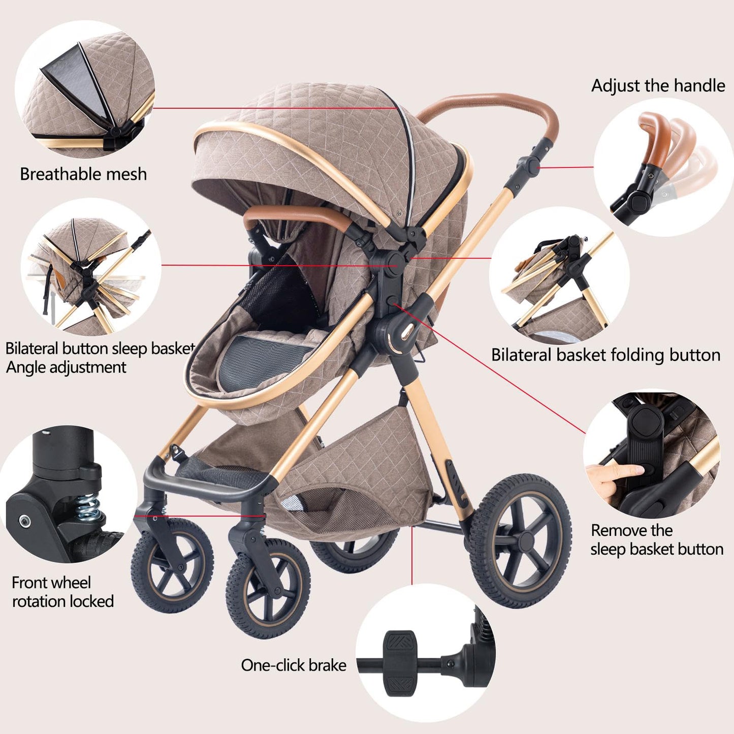 BEBBY H2 Cochecito 3 en 1, Plegable con 1 Clic, Asiento Alto, para Recién Nacido, Blanco Arroz