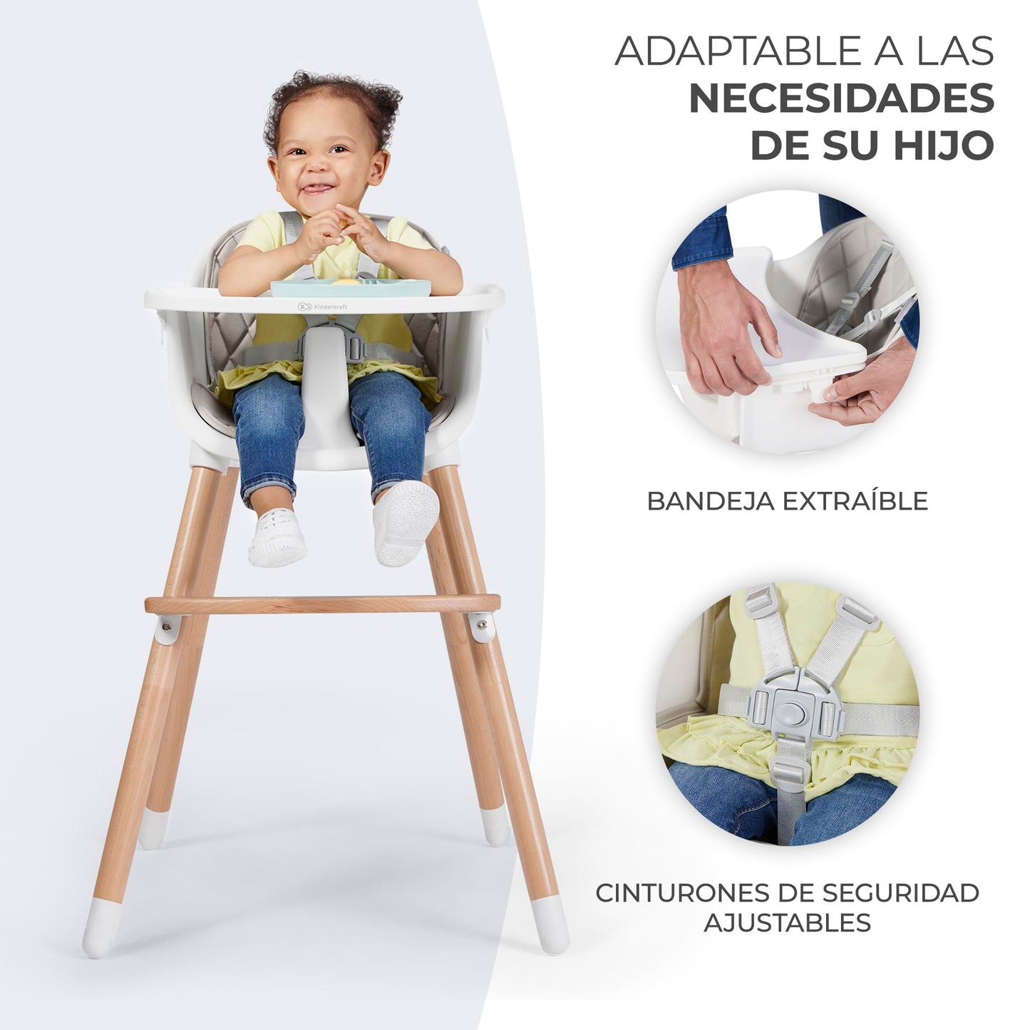 Kinderkraft SIENNA Trona de Madera, Portátil y Fácil de Limpiar, con Bandeja Extraíble, de 6 Meses a 5 Años, Gris