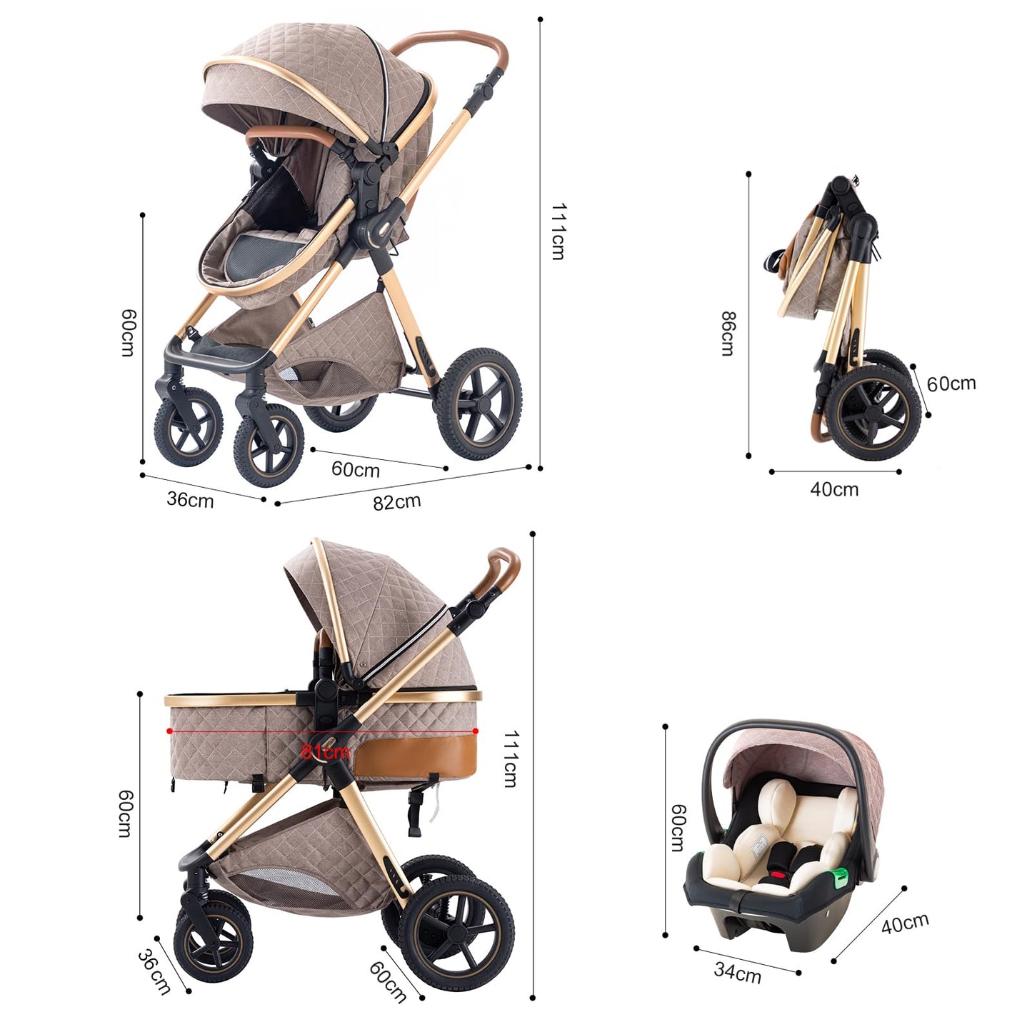 BEBBY H2 Cochecito 3 en 1, Plegable con 1 Clic, Asiento Alto, para Recién Nacido, Blanco Arroz