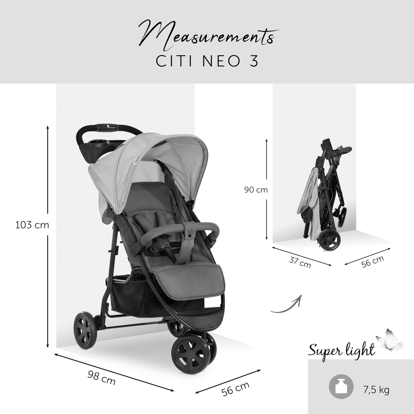 hauck Citi Neo 3 Silla de Paseo 3 Ruedas, Reclinable desde Nacimiento hasta 22 kg, Gris