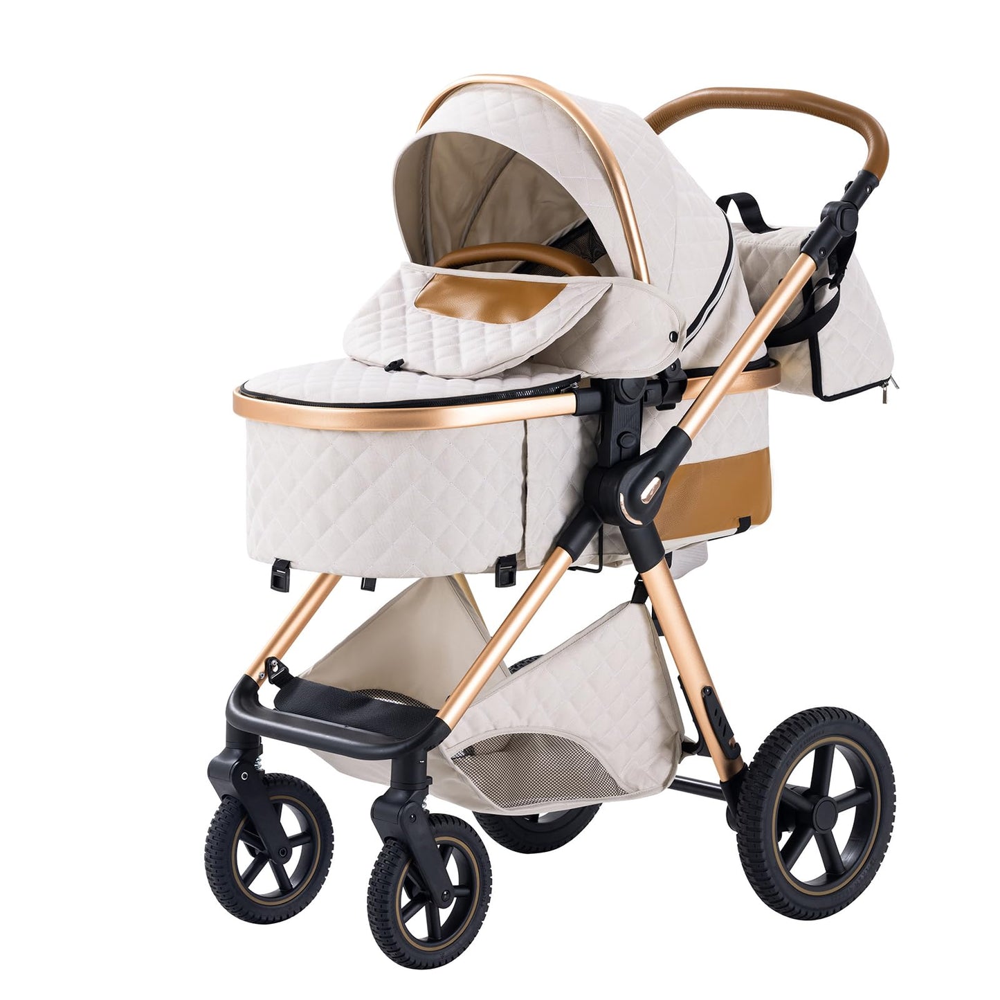 BEBBY H2 Cochecito 3 en 1, Plegable con 1 Clic, Asiento Alto, para Recién Nacido, Blanco Arroz