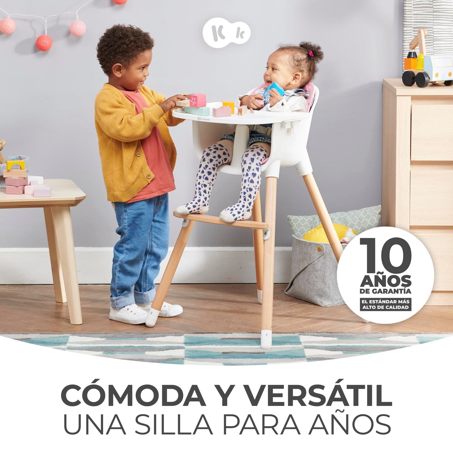 Kinderkraft SIENNA Trona de Madera, Portátil y Fácil de Limpiar, con Bandeja Extraíble, de 6 Meses a 5 Años, Gris