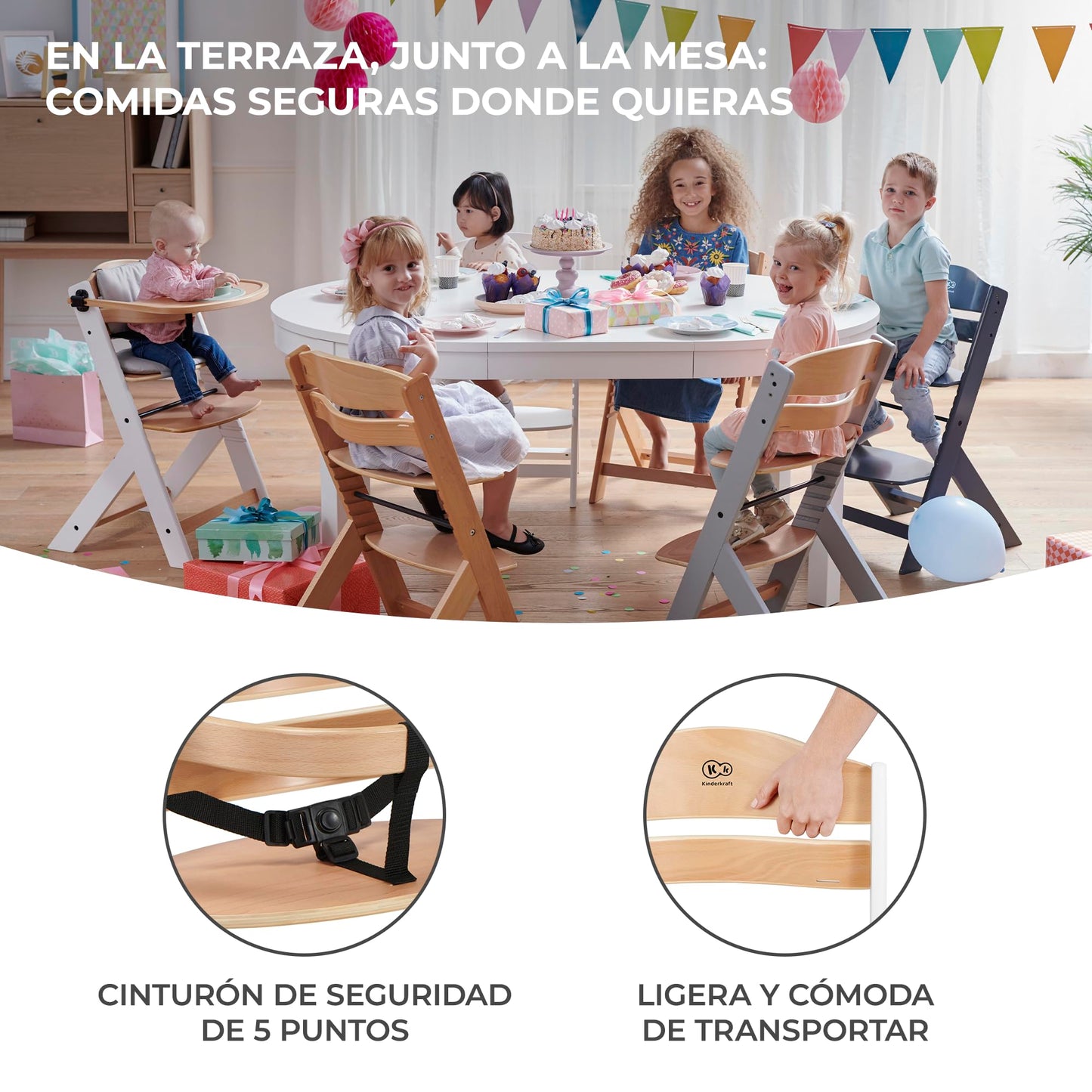 Kinderkraft ENOCK Trona Evolutiva de Madera, con Barrera y Bandeja Extraíble, Madera Natural