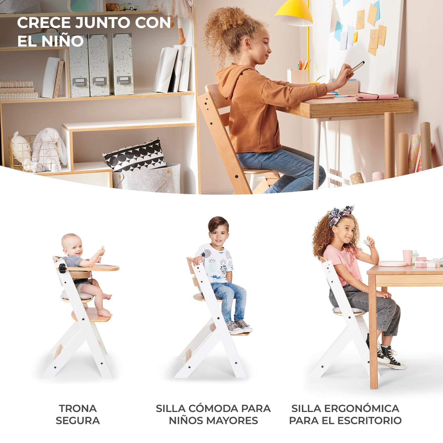 Kinderkraft ENOCK Trona Evolutiva de Madera, con Barrera y Bandeja Extraíble, Madera Natural