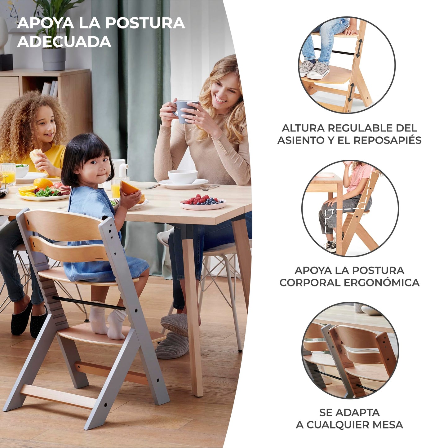 Kinderkraft ENOCK Trona Evolutiva de Madera, con Barrera y Bandeja Extraíble, Madera Natural