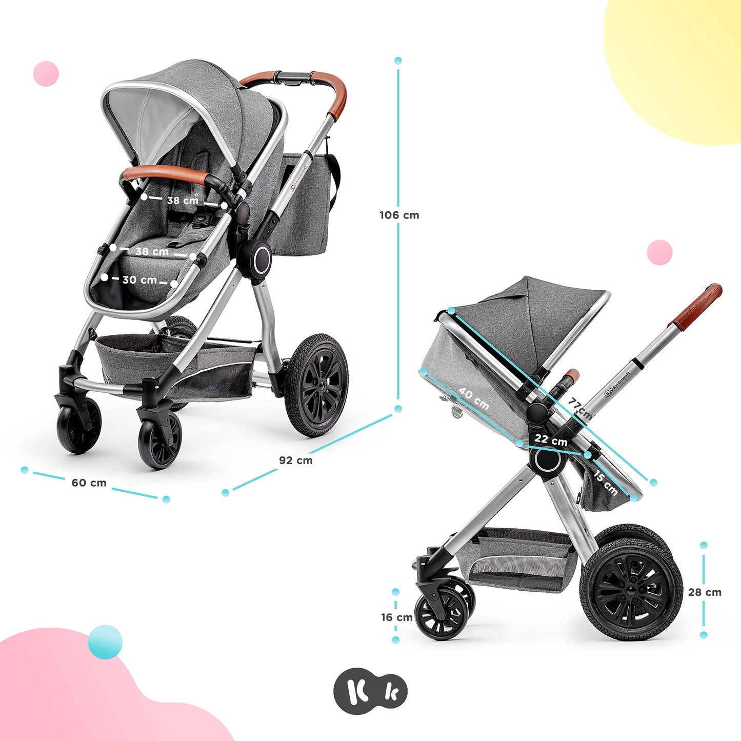 Kinderkraft VEO Sistema de Viaje 2 en 1, con Silla de Paseo y Capazo, de 0 a 15 kg, Gris