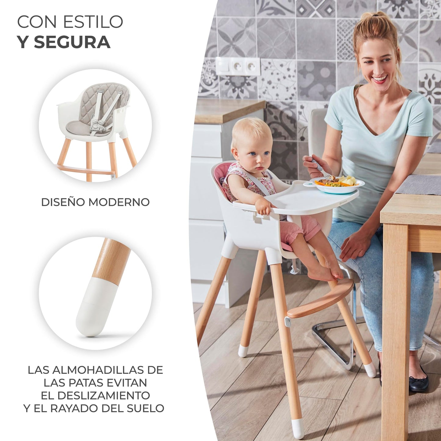 Kinderkraft SIENNA Trona de Madera, Portátil y Fácil de Limpiar, con Bandeja Extraíble, de 6 Meses a 5 Años, Gris