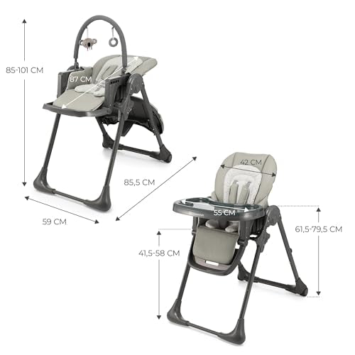 Kinderkraft TUMMIE Trona Bebé 2 en 1, con Juguetes, Reclinación Total y Reposapiés, Ajustable, Gris