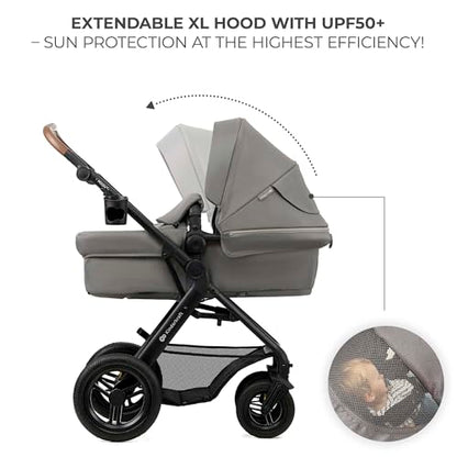 Kinderkraft MOOV2 Carrito Bebé 3 en 1, con Silla de Auto MINK PRO i-Size, Ruedas Inflables, hasta 25 kg, Gris Claro