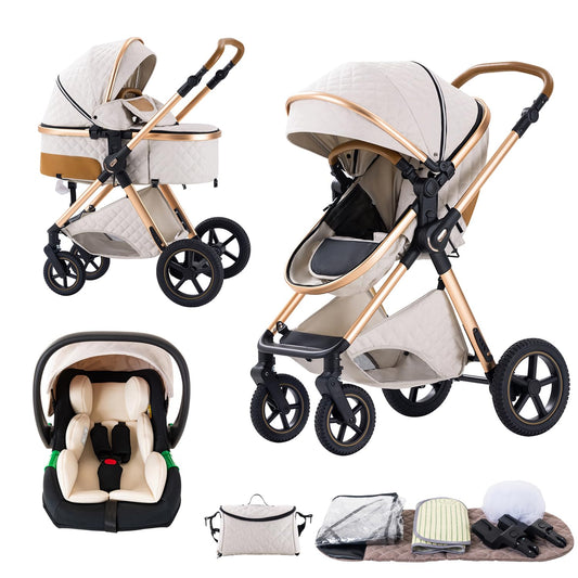 BEBBY H2 Cochecito 3 en 1, Plegable con 1 Clic, Asiento Alto, para Recién Nacido, Blanco Arroz