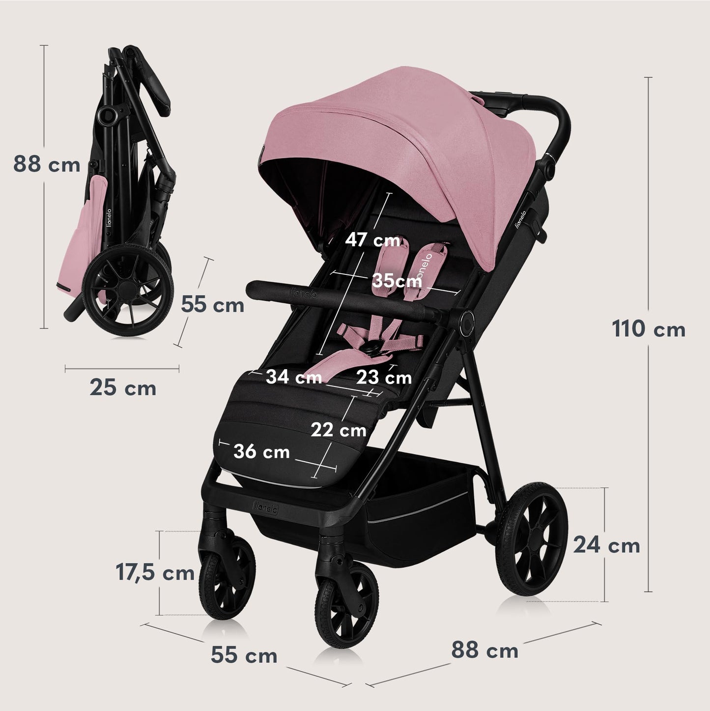 LIONELO MIRA Carrito Bebé, con Ruedas 360° y Amortiguación Total, Capota UPF50+, Reclinable, hasta 22 kg