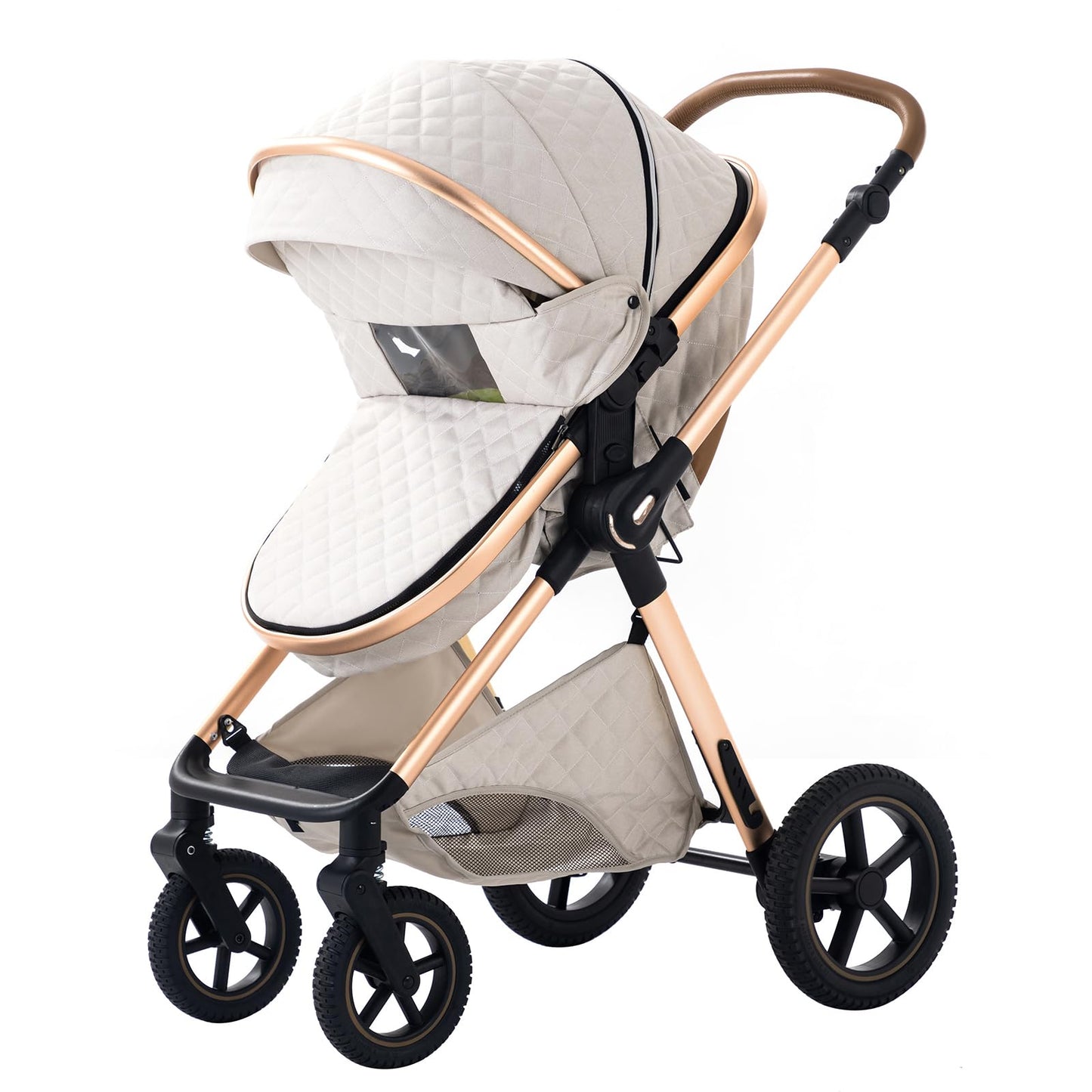 BEBBY H2 Cochecito 3 en 1, Plegable con 1 Clic, Asiento Alto, para Recién Nacido, Blanco Arroz