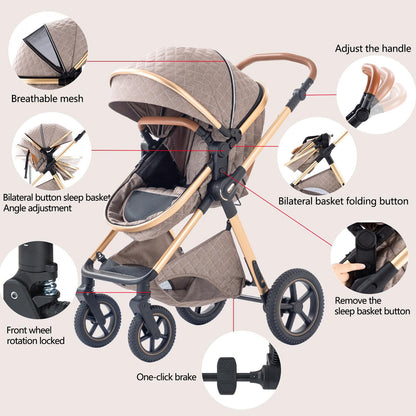 BEBBY H2 Cochecito 3 en 1, Plegable con 1 Clic, Asiento Alto, para Recién Nacido, Blanco Arroz