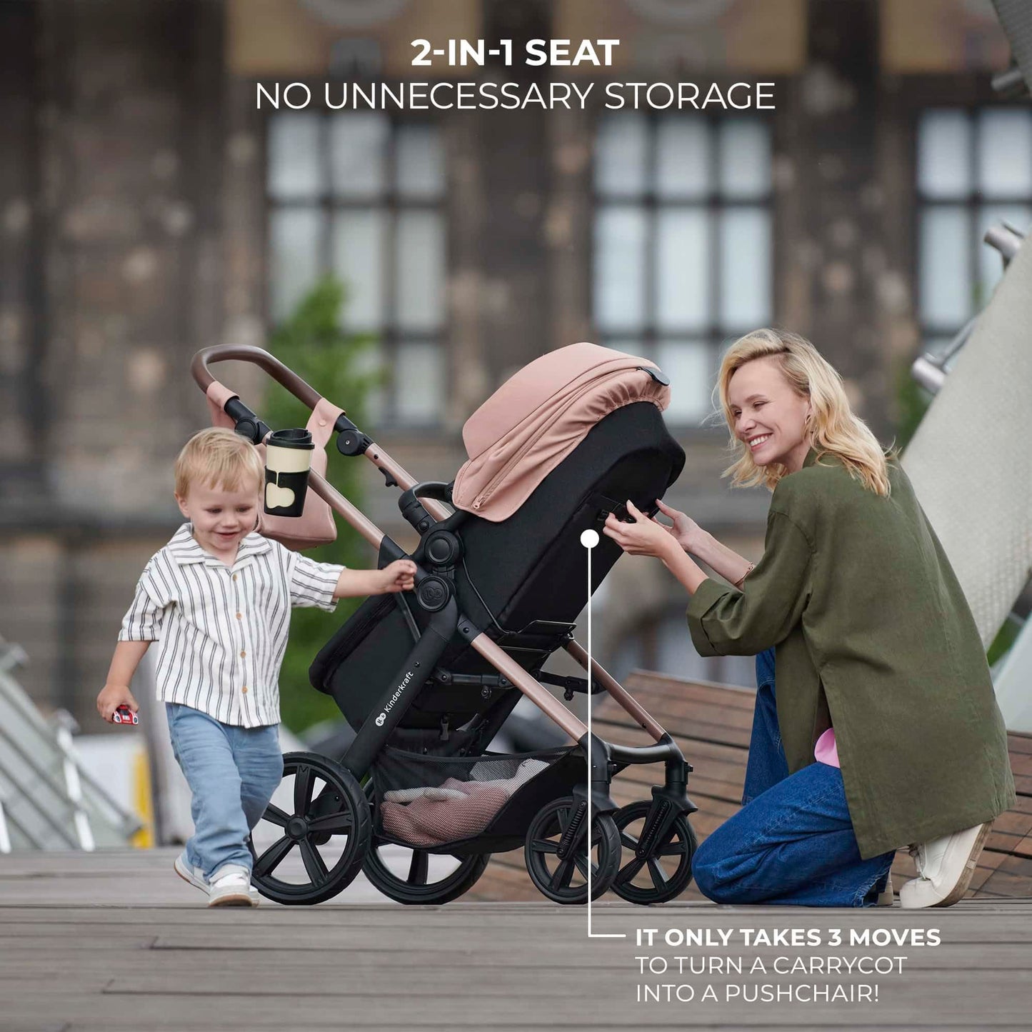 Kinderkraft MOOV2 Carrito Bebé 3 en 1, con Silla de Auto MINK PRO i-Size, Ruedas Inflables, hasta 25 kg, Gris Claro