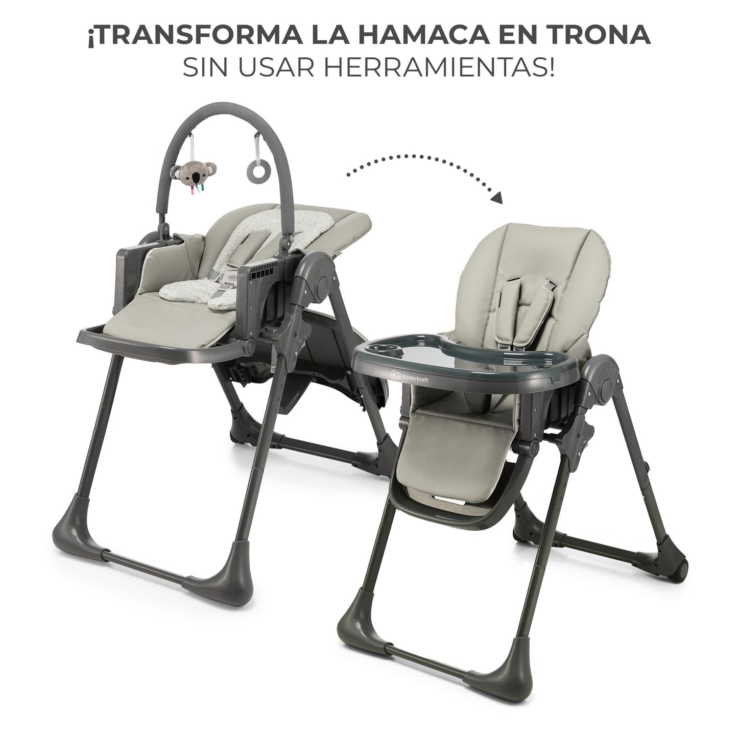 Kinderkraft TUMMIE Trona Bebé 2 en 1, con Juguetes, Reclinación Total y Reposapiés, Ajustable, Gris