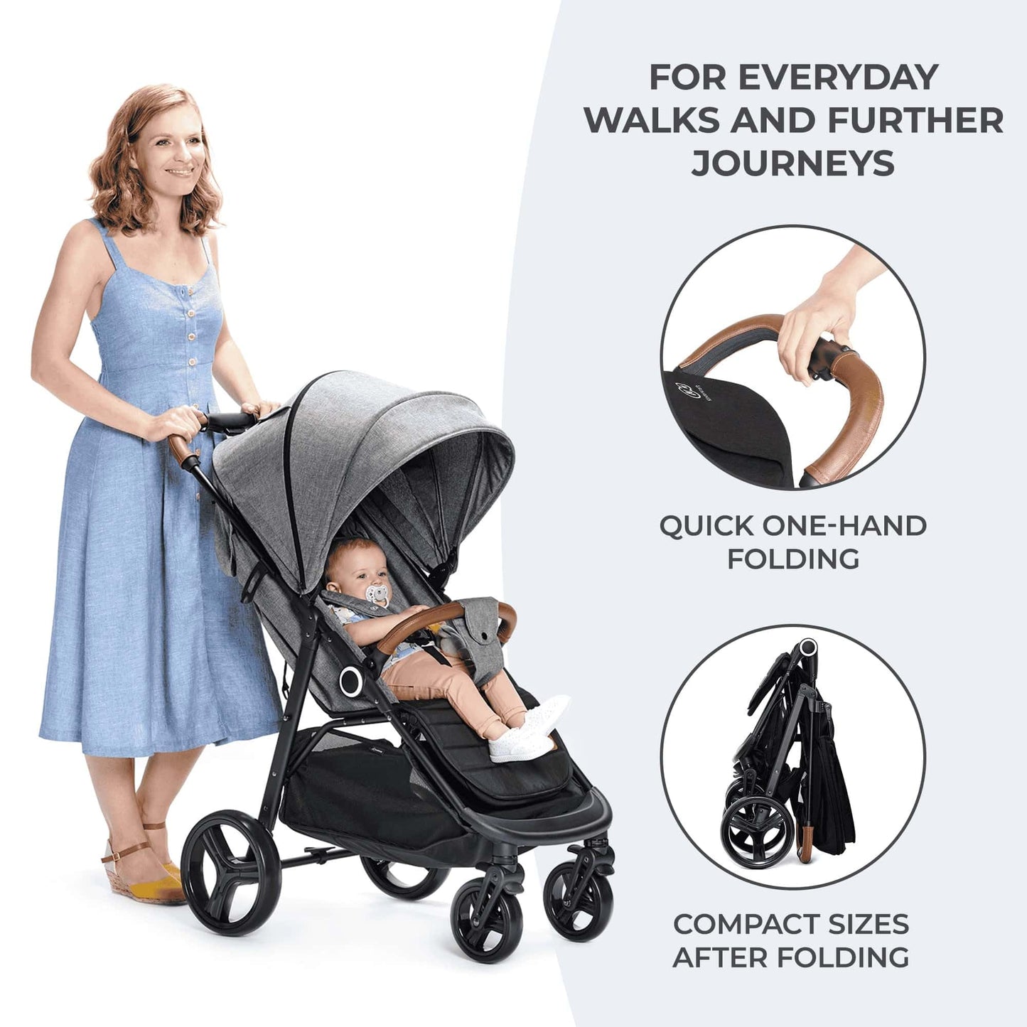 Kinderkraft GRANDE PLUS Silla de Paseo, Plegado con 1 Mano, Reclinación Total, desde Nacimiento hasta 22 kg, Negro