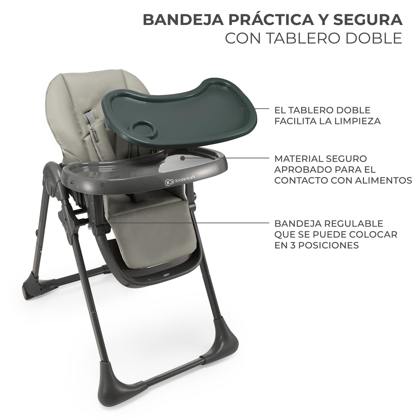 Kinderkraft TUMMIE Trona Bebé 2 en 1, con Juguetes, Reclinación Total y Reposapiés, Ajustable, Gris