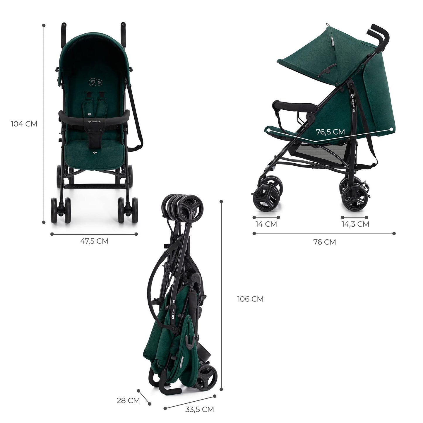 Kinderkraft TIK Silla de Paseo Ligera (6,5 kg), Plegable, con Reclinación Total y Tejido Impermeable, Verde