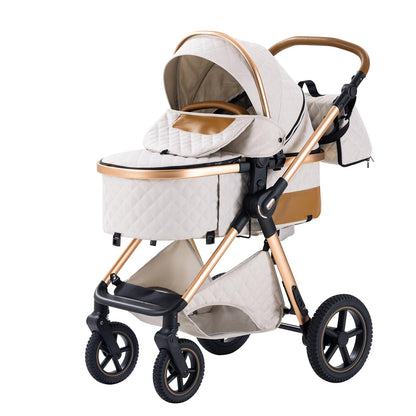 BEBBY H2 Cochecito 3 en 1, Plegable con 1 Clic, Asiento Alto, para Recién Nacido, Blanco Arroz