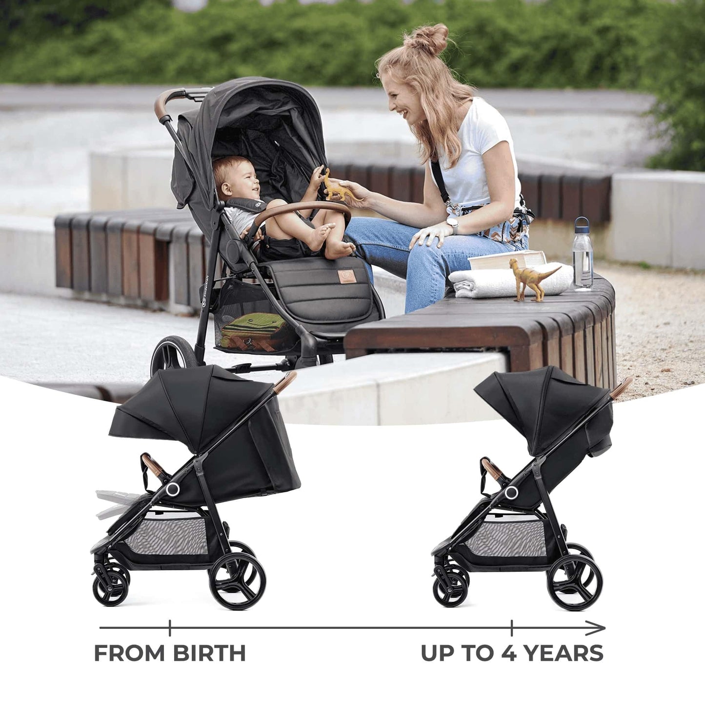 Kinderkraft GRANDE PLUS Silla de Paseo, Plegado con 1 Mano, Reclinación Total, desde Nacimiento hasta 22 kg, Negro