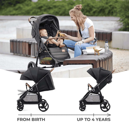 Kinderkraft GRANDE PLUS Silla de Paseo, Plegado con 1 Mano, Reclinación Total, desde Nacimiento hasta 22 kg, Negro