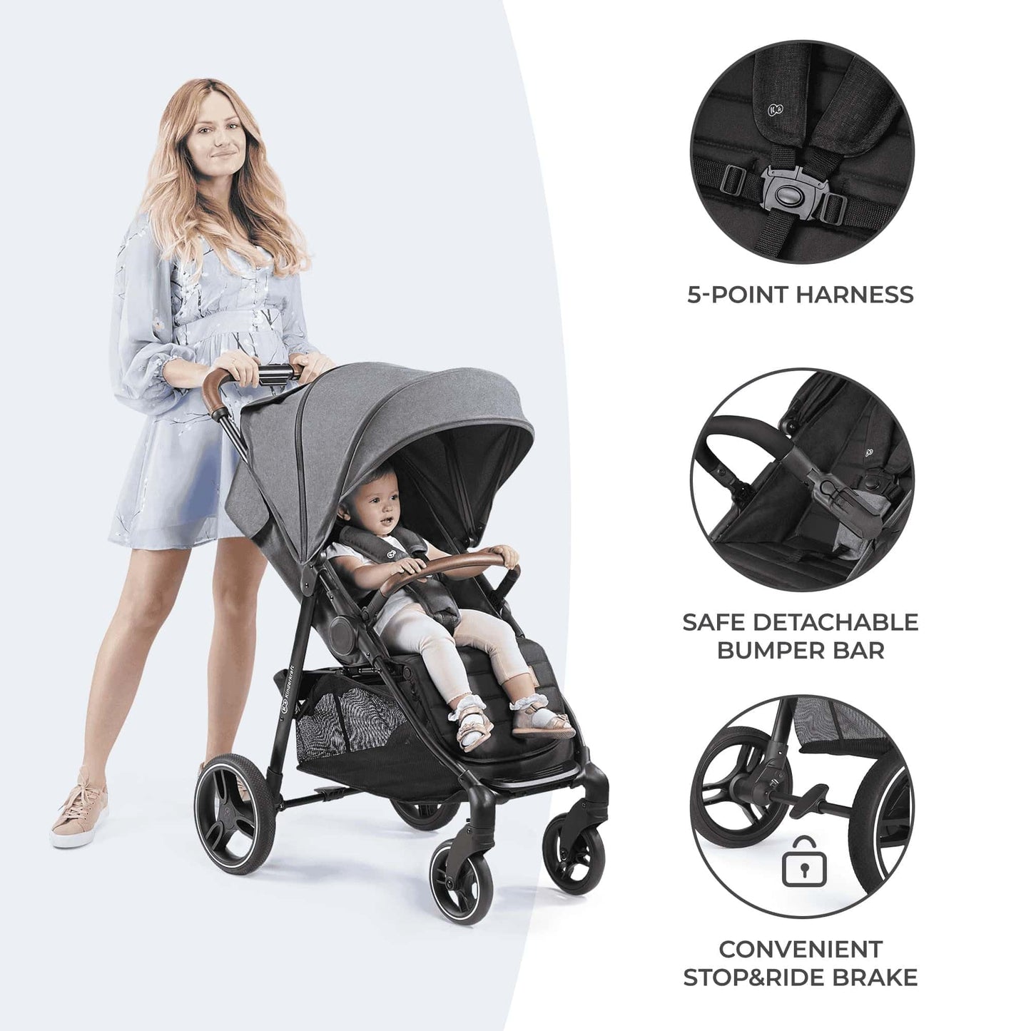 Kinderkraft GRANDE PLUS Silla de Paseo, Plegado con 1 Mano, Reclinación Total, desde Nacimiento hasta 22 kg, Negro