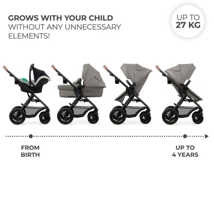 Kinderkraft MOOV2 Carrito Bebé 3 en 1, con Silla de Auto MINK PRO i-Size, Ruedas Inflables, hasta 25 kg, Gris Claro