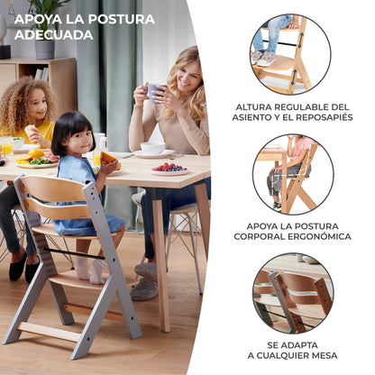 Kinderkraft ENOCK Trona Evolutiva de Madera, con Barrera y Bandeja Extraíble, Madera Natural