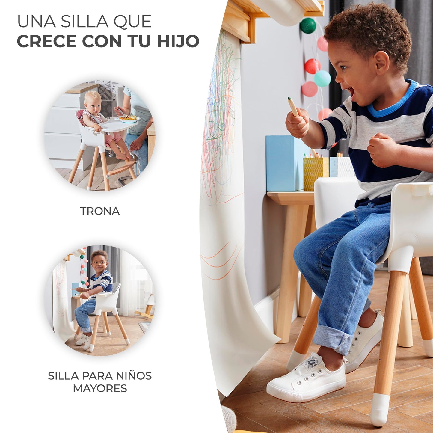 Kinderkraft SIENNA Trona de Madera, Portátil y Fácil de Limpiar, con Bandeja Extraíble, de 6 Meses a 5 Años, Gris