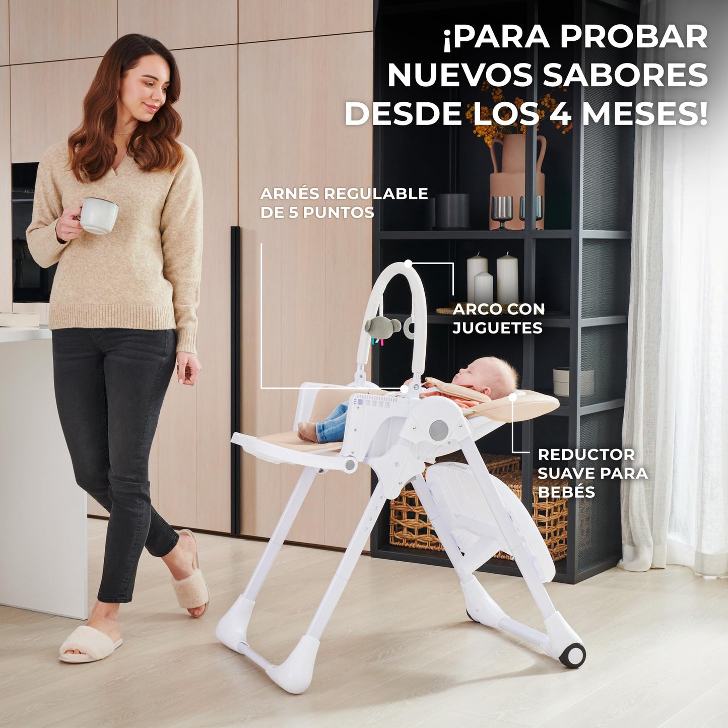 Kinderkraft TUMMIE Trona Bebé 2 en 1, con Juguetes, Reclinación Total y Reposapiés, Ajustable, Gris