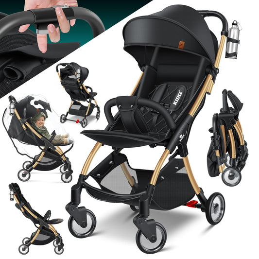 KIDIZ Silla de Paseo Premium, Plegable, con Ruedas 360° y Respaldo Ajustable, Incluye Protector de Lluvia, Champán