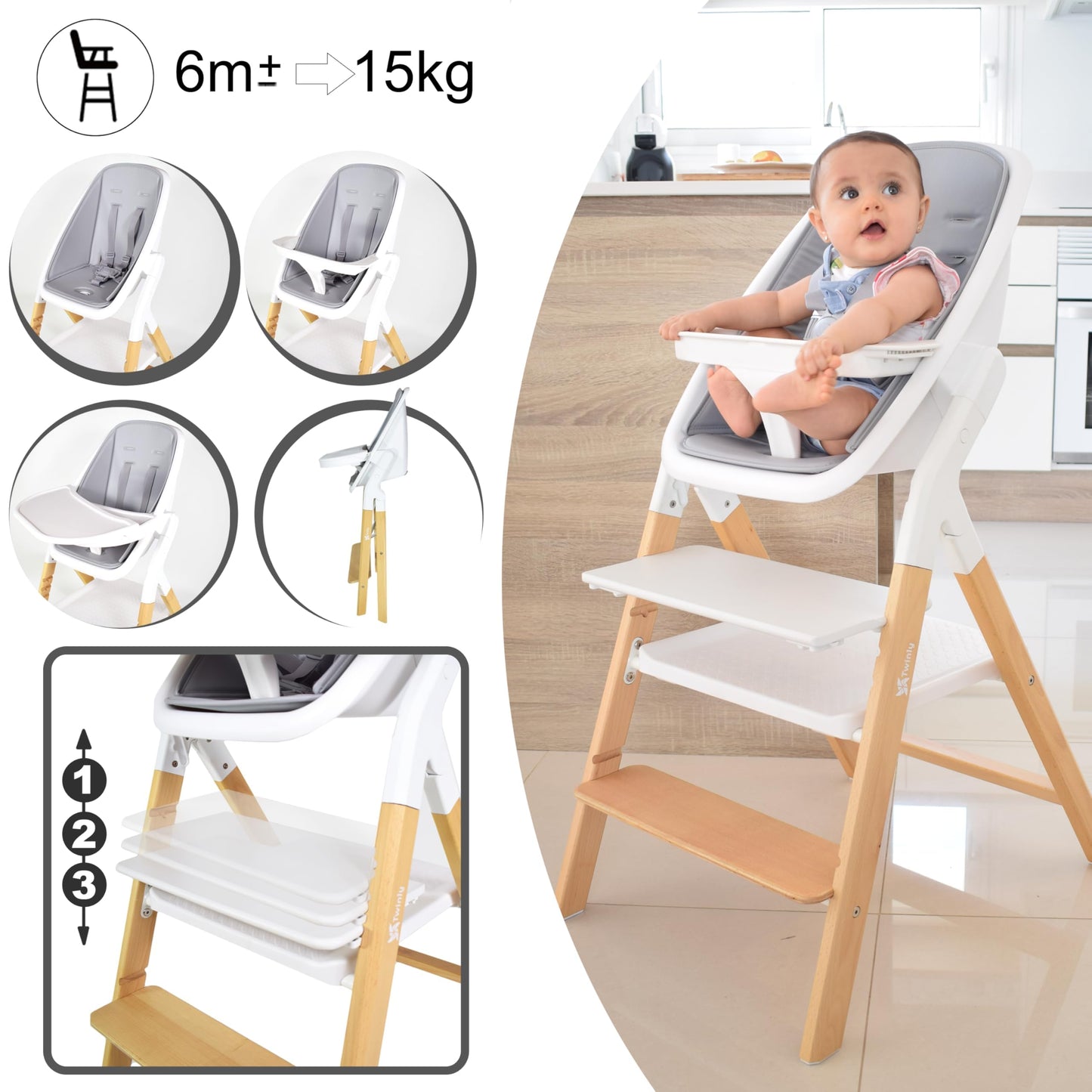 Twinly Alaia Trona Evolutiva 5 en 1, Plegable, de Madera de Haya, desde Nacimiento