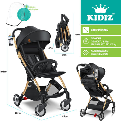 KIDIZ Silla de Paseo Premium, Plegable, con Ruedas 360° y Respaldo Ajustable, Incluye Protector de Lluvia, Champán