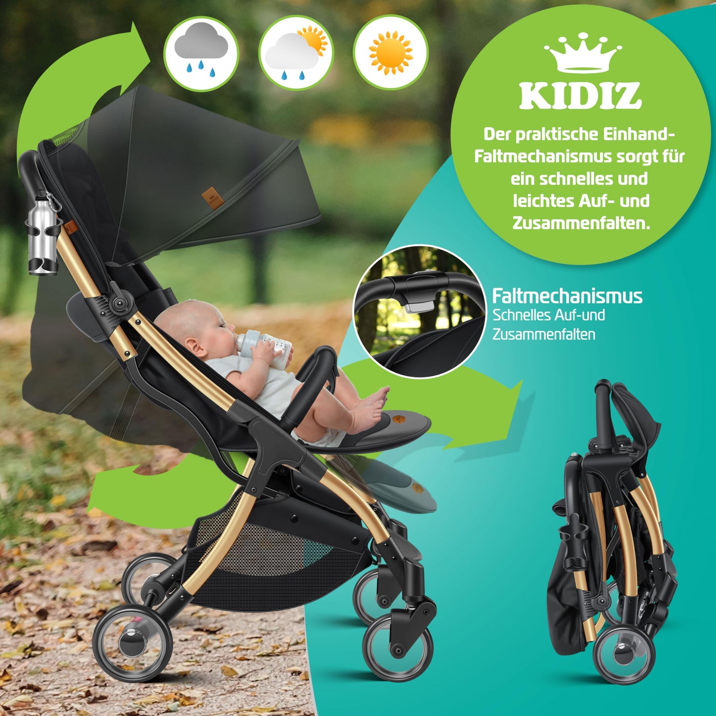 KIDIZ Silla de Paseo Premium, Plegable, con Ruedas 360° y Respaldo Ajustable, Incluye Protector de Lluvia, Champán