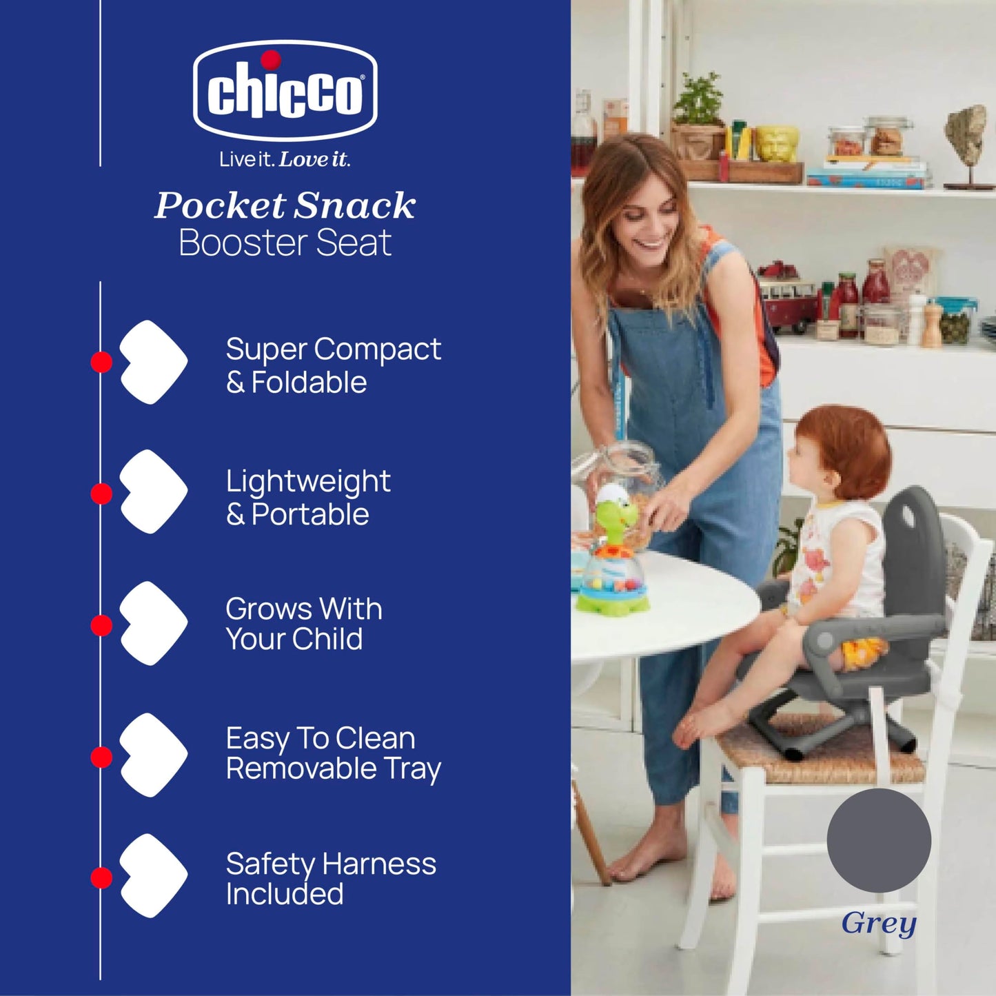 Chicco Pocket Snack Alzador Portátil y Plegable, de 6 Meses a 3 Años, Gris
