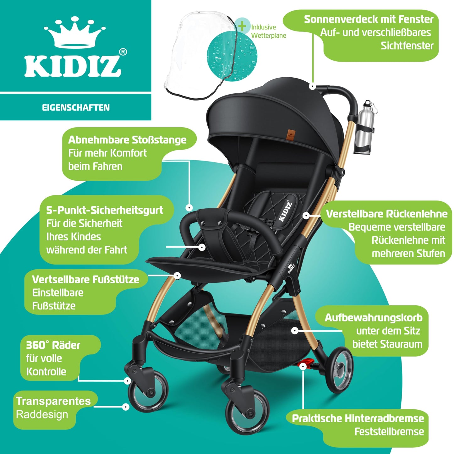 KIDIZ Silla de Paseo Premium, Plegable, con Ruedas 360° y Respaldo Ajustable, Incluye Protector de Lluvia, Champán