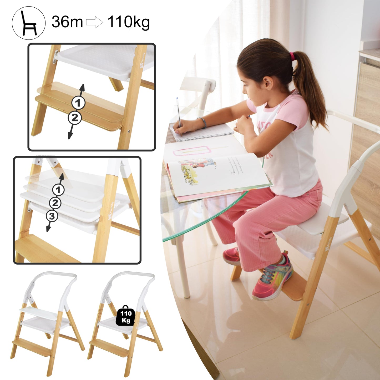 Twinly Alaia Trona Evolutiva 5 en 1, Plegable, de Madera de Haya, desde Nacimiento