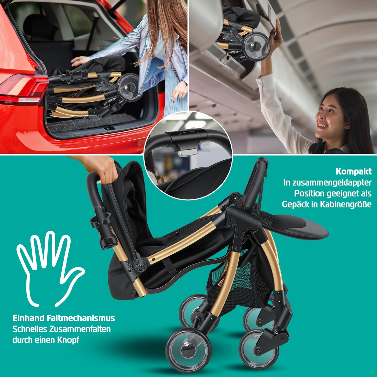 KIDIZ Silla de Paseo Premium, Plegable, con Ruedas 360° y Respaldo Ajustable, Incluye Protector de Lluvia, Champán
