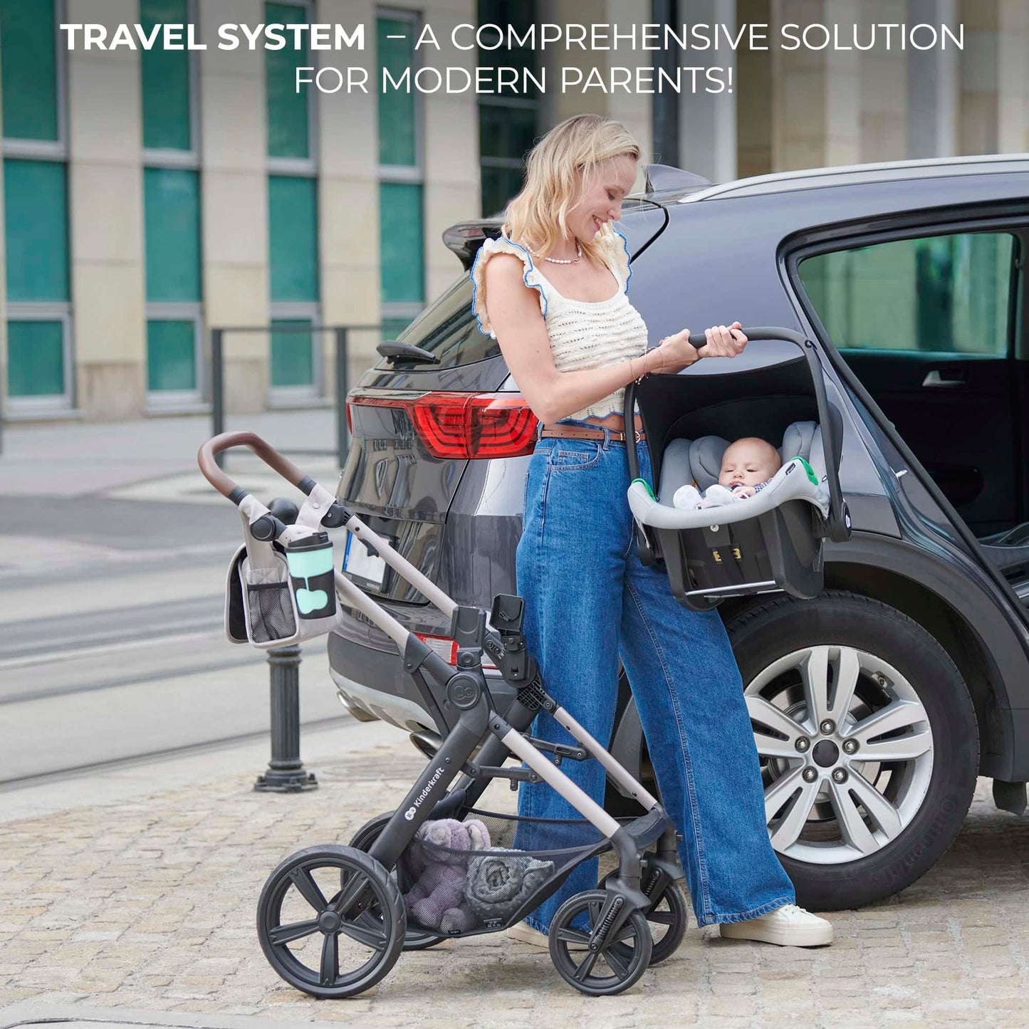 Kinderkraft MOOV2 Carrito Bebé 3 en 1, con Silla de Auto MINK PRO i-Size, Ruedas Inflables, hasta 25 kg, Gris Claro