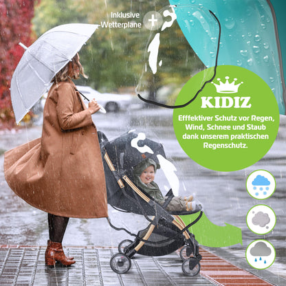 KIDIZ Silla de Paseo Premium, Plegable, con Ruedas 360° y Respaldo Ajustable, Incluye Protector de Lluvia, Champán