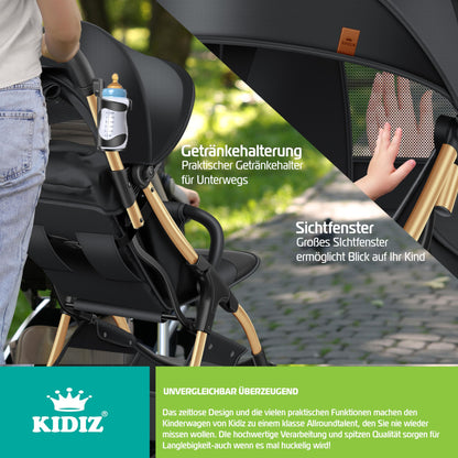KIDIZ Silla de Paseo Premium, Plegable, con Ruedas 360° y Respaldo Ajustable, Incluye Protector de Lluvia, Champán