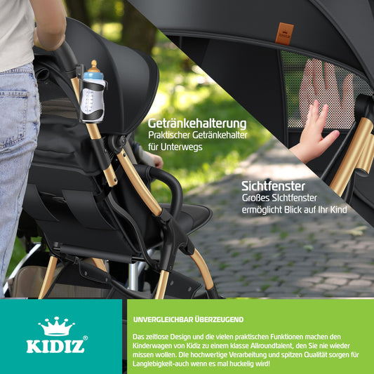 KIDIZ Silla de Paseo Premium, Plegable, con Ruedas 360° y Respaldo Ajustable, Incluye Protector de Lluvia, Champán