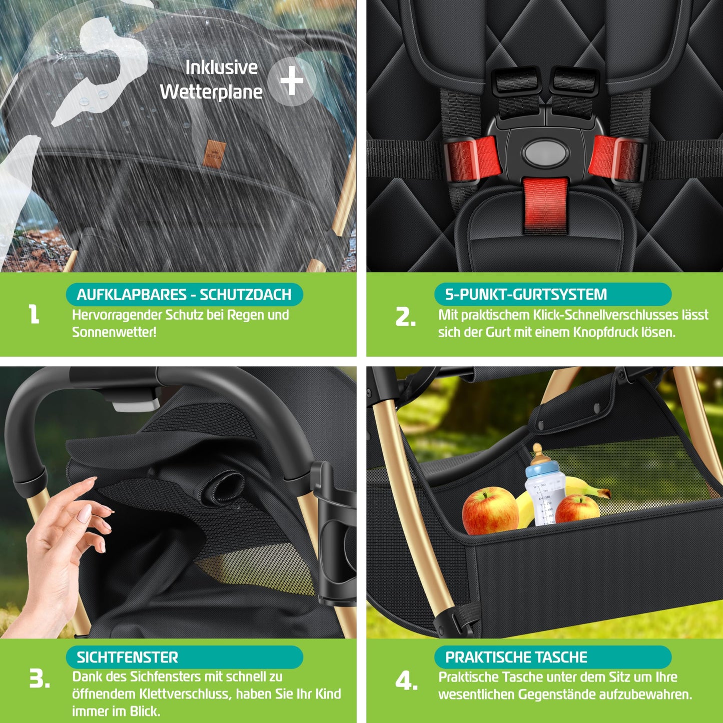 KIDIZ Silla de Paseo Premium, Plegable, con Ruedas 360° y Respaldo Ajustable, Incluye Protector de Lluvia, Champán