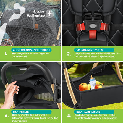 KIDIZ Silla de Paseo Premium, Plegable, con Ruedas 360° y Respaldo Ajustable, Incluye Protector de Lluvia, Champán